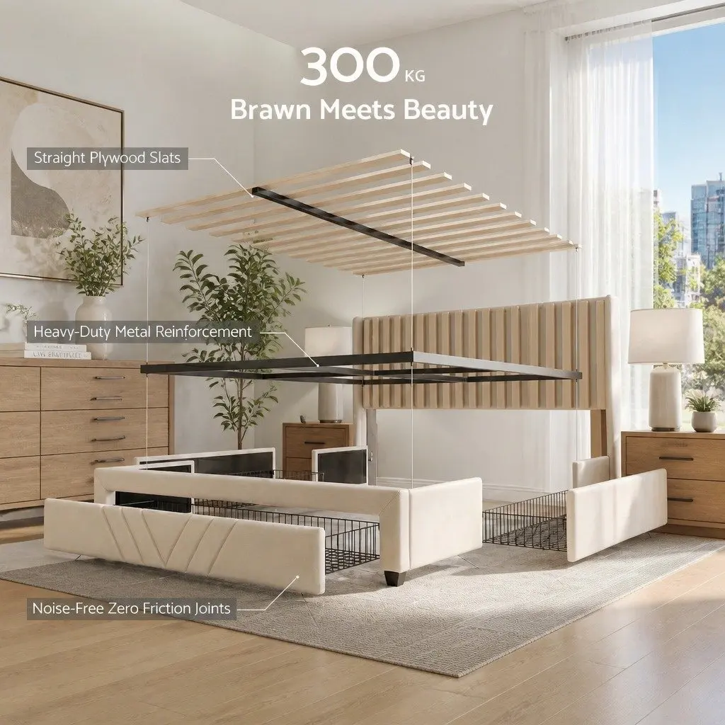 Double Bed Frame Upholstered Headboard Storage Drawers Beige