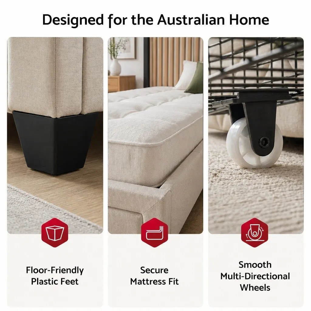 King Bed Frame with Charging Station and Storage Drawers Beige 300KG Capacity