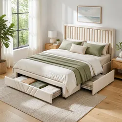 Queen Bed Frame with Charging Station Storage Drawers Beige 300KG Capacity