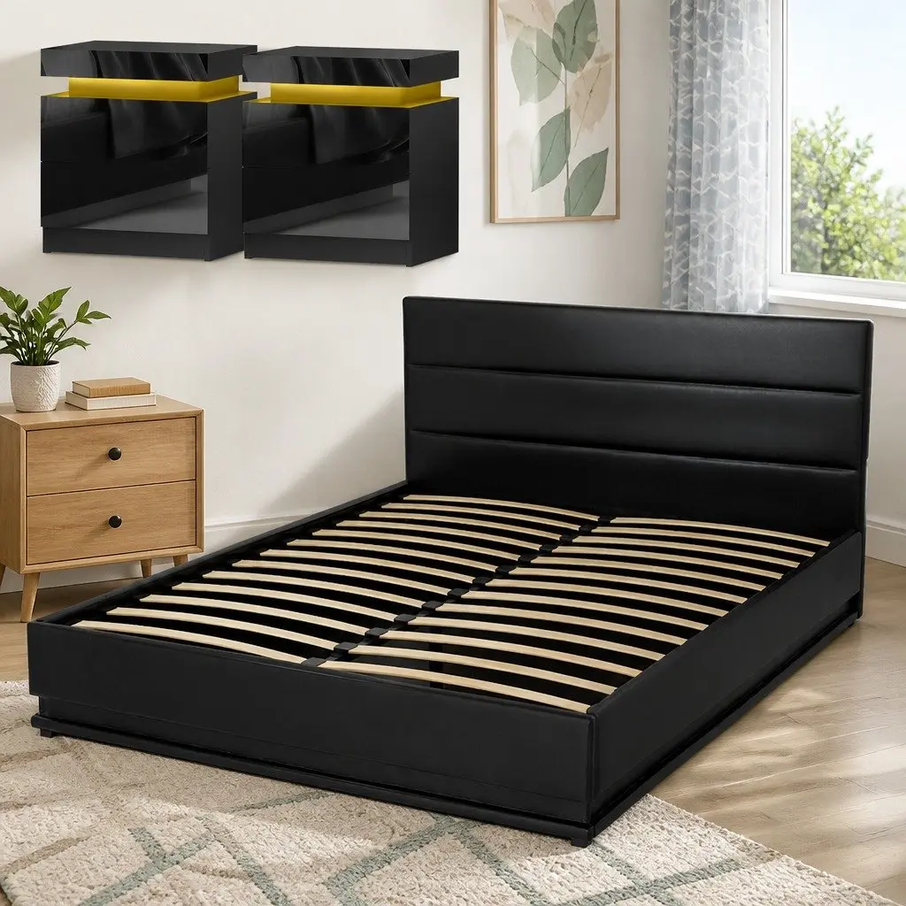 Queen Bed Frame with 2 LED Bedside Tables RGB 16 Colour Mood Lighting Storage