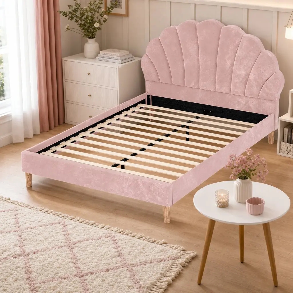 Double Bed Frame with Round Coffee Table Set Pink Velvet White Top