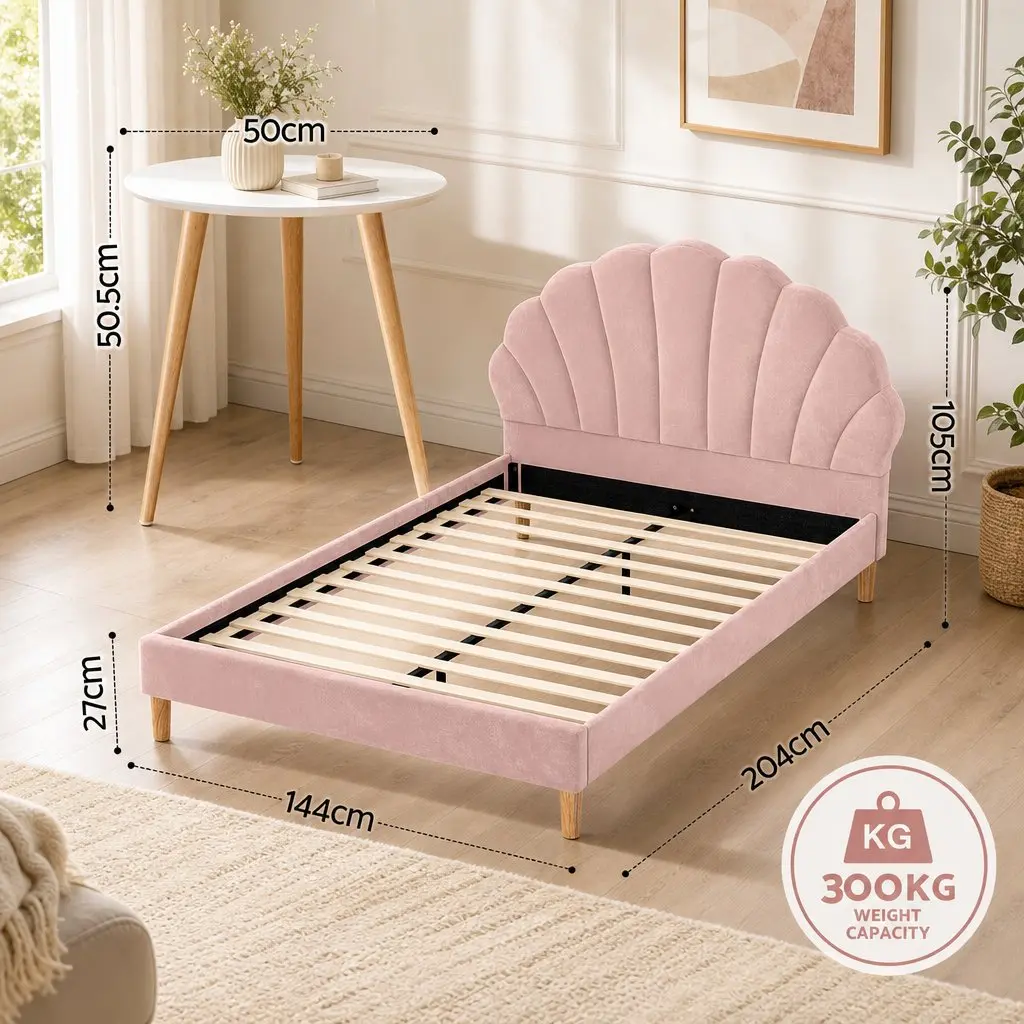 Double Bed Frame with Round Coffee Table Set Pink Velvet White Top