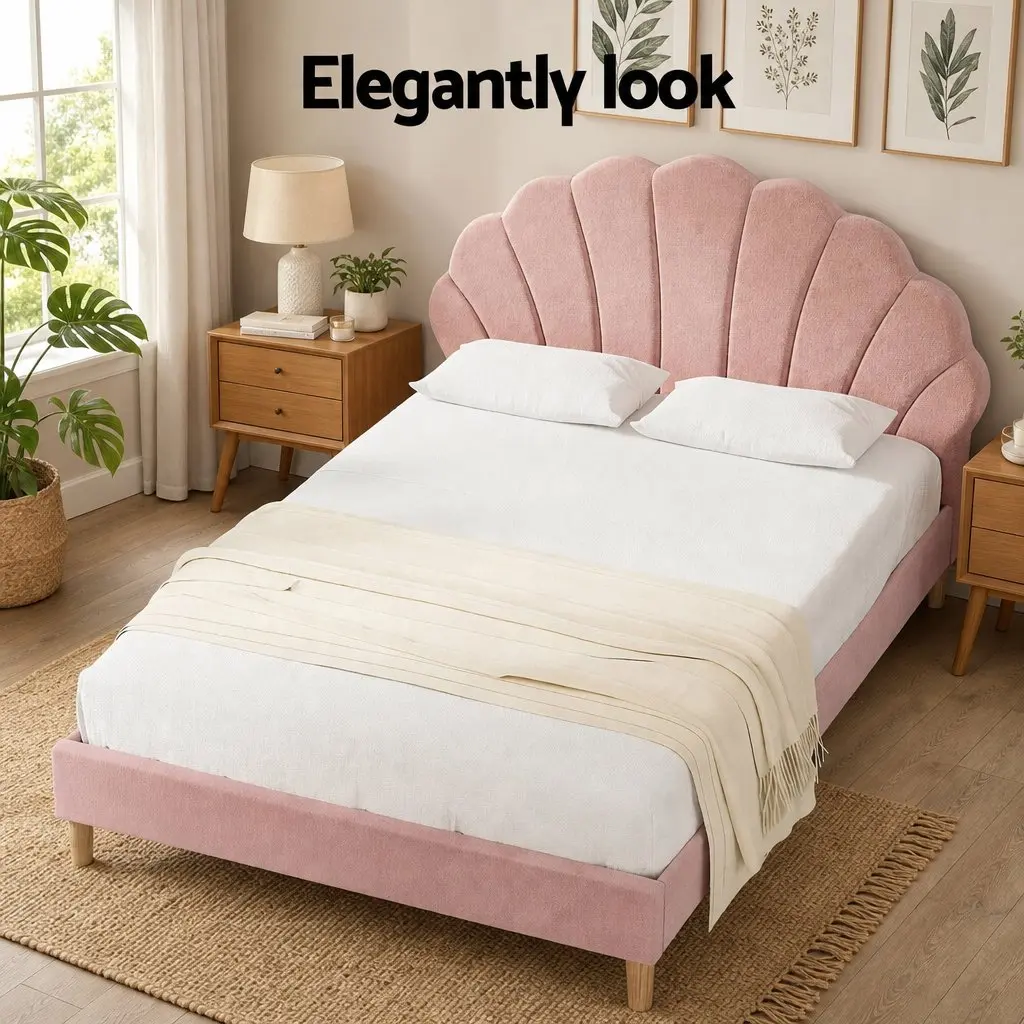 Double Bed Frame with Round Coffee Table Set Pink Velvet White Top
