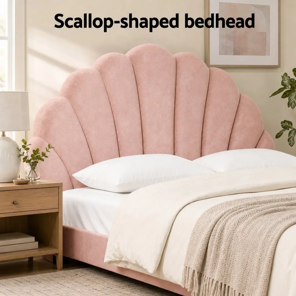Double Bed Frame with Round Coffee Table Set Pink Velvet White Top