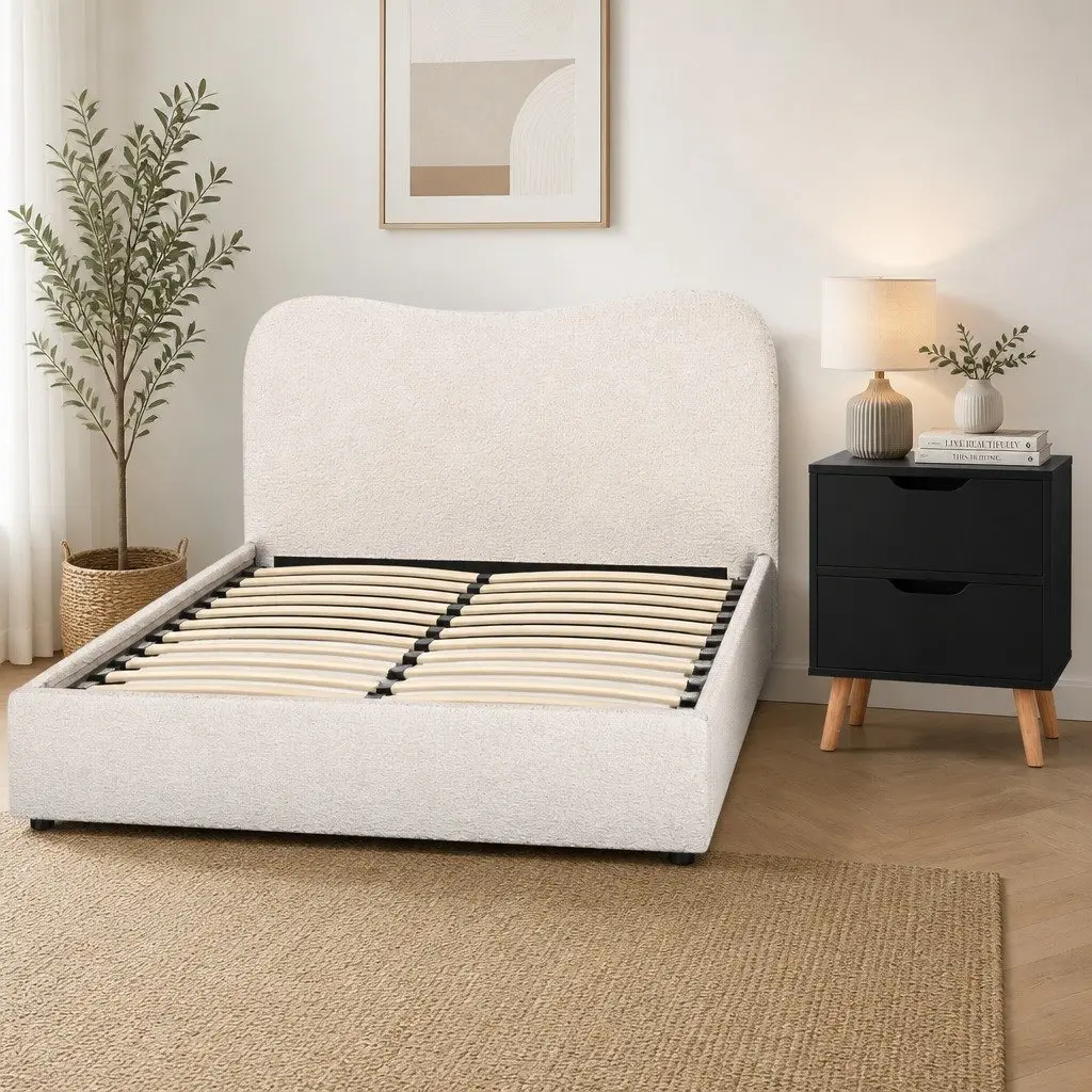 Double Bed Frame with Bedside Table Set Padded Headboard Wooden Slats Bedroom