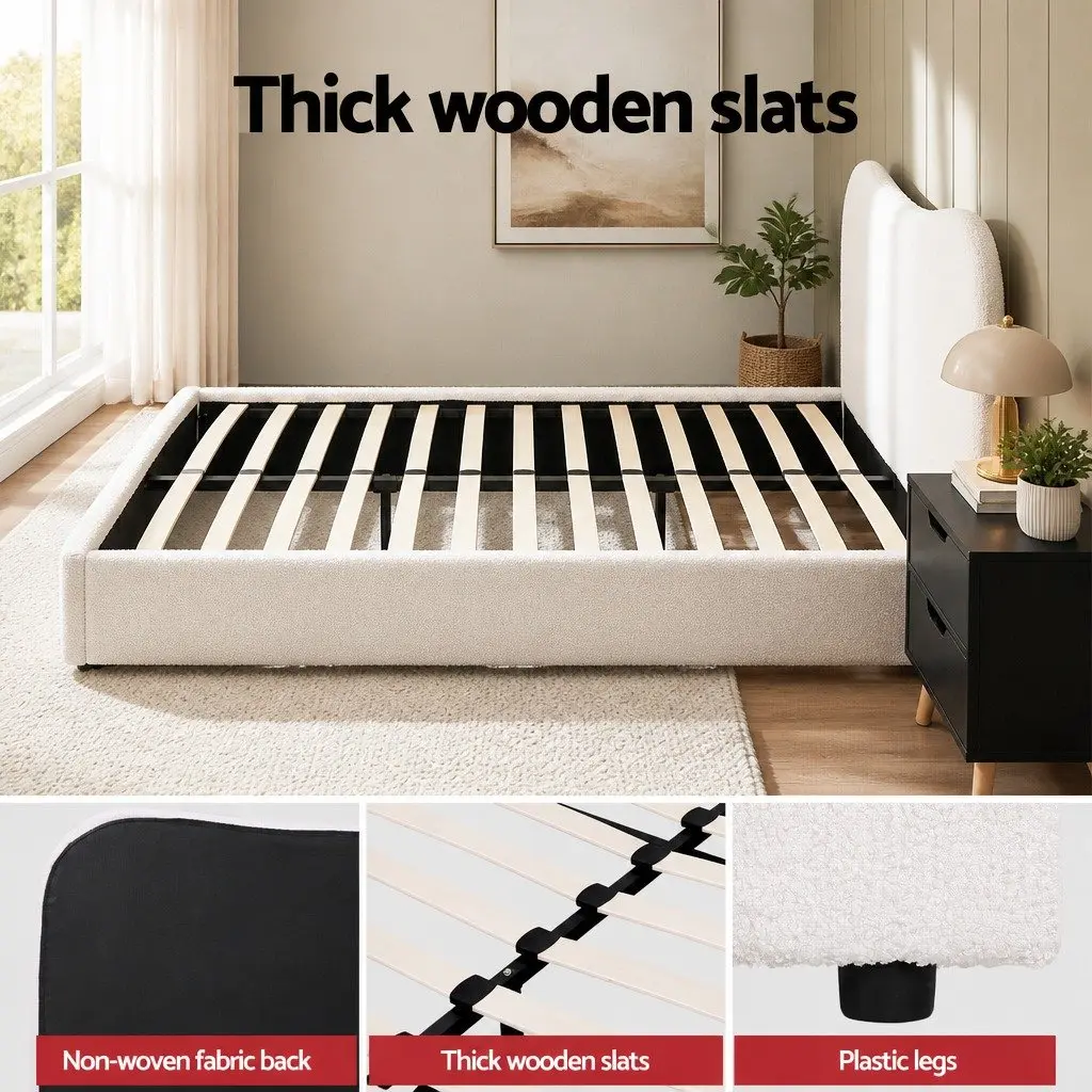 Double Bed Frame with Bedside Table Set Padded Headboard Wooden Slats Bedroom