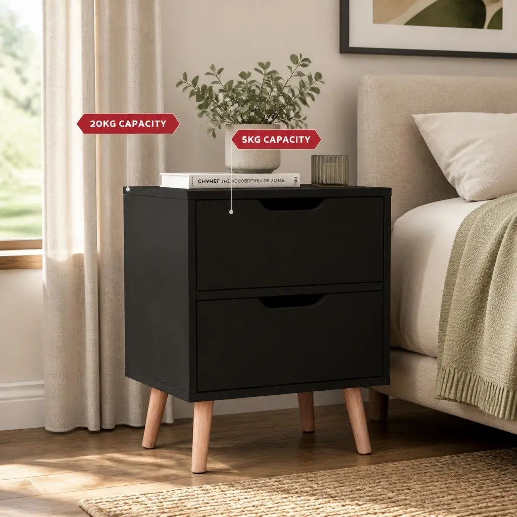 Double Bed Frame with Bedside Table Set Padded Headboard Wooden Slats Bedroom