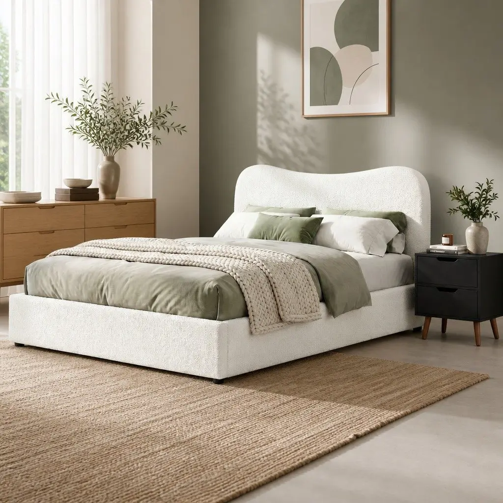 Double Bed Frame with Bedside Table Set Padded Headboard Wooden Slats Bedroom