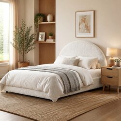 Queen Gas Lift Storage Bed Frame with Bedside Table Boucle Upholstered Platform