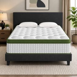 Queen Bed Frame with Hybrid Pocket Coil Mattress Platform Upholstered Bedroom