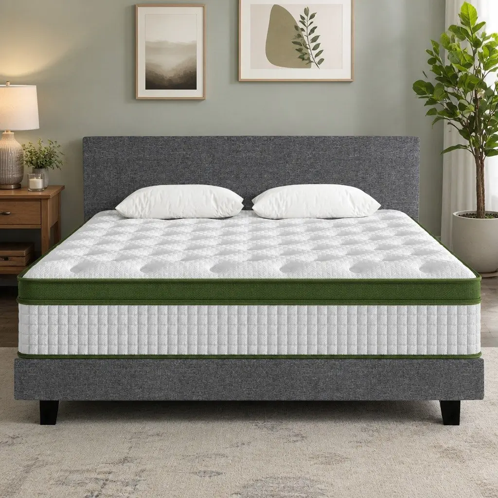 King Bed Frame with Hybrid Mattress Medium Firm Padded Headboard Linen Grey