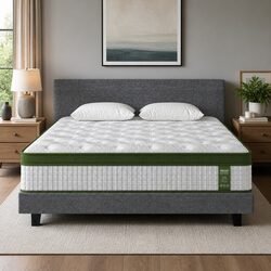King Bed Frame with Hybrid Mattress Medium Firm Padded Headboard Linen Grey