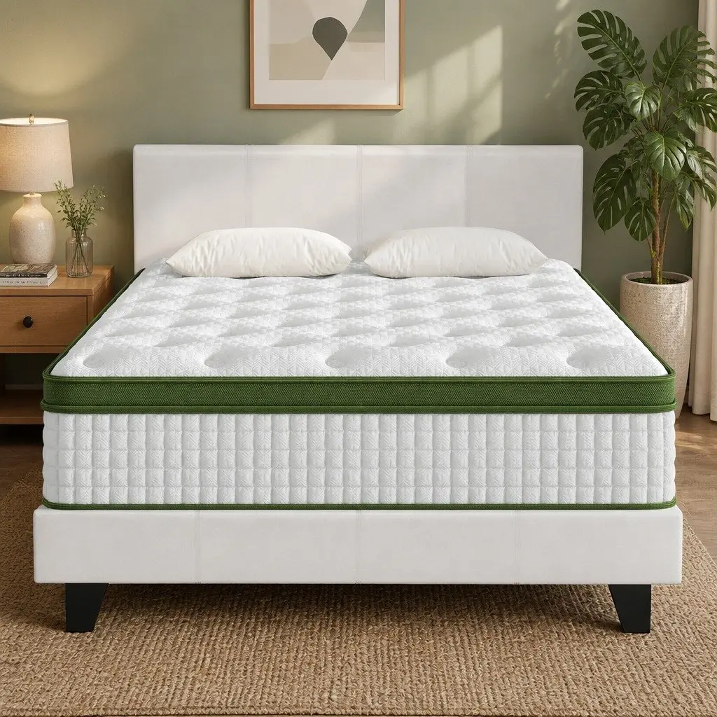 Queen Bed Frame Set with Padded Headboard White PVC Leather and Hybrid Mattress Medium-Firm Support