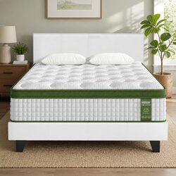 Queen Bed Frame Set with Hybrid Mattress White Padded Headboard Bedroom