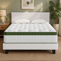 Queen Bed Frame Set with Hybrid Mattress White Padded Headboard Bedroom