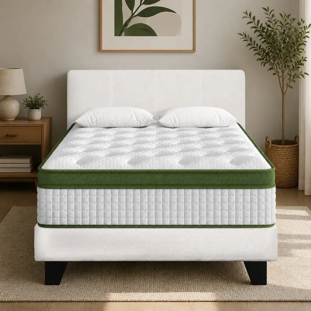 Single Bed Frame with White Boucle Headboard and Hybrid Mattress Medium Firm Support
