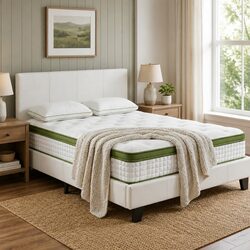 Double Bed Frame with Hybrid Mattress Modern Platform White Bedroom Furniture