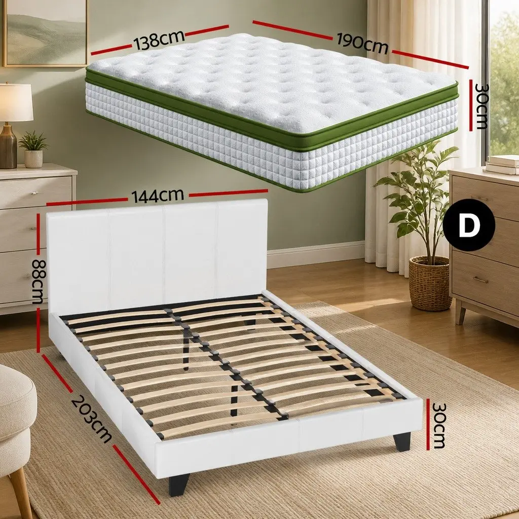 Double Bed Frame with Hybrid Mattress Modern Platform White Bedroom Furniture