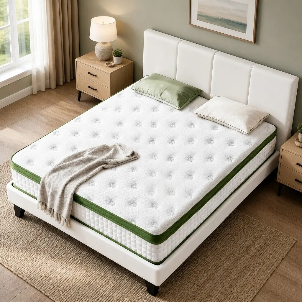 Double Bed Frame with Hybrid Mattress Modern Platform White Bedroom Furniture