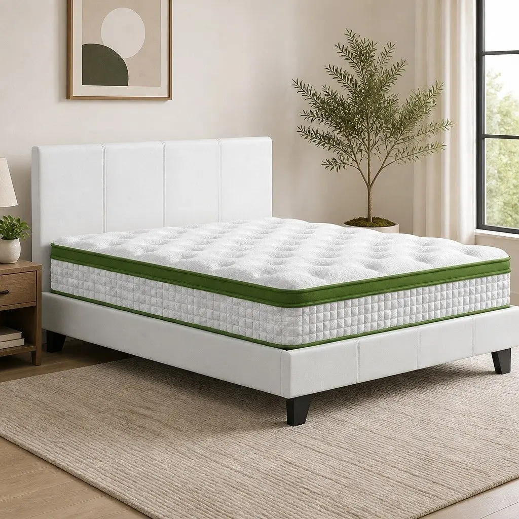 Double Bed Frame with Hybrid Mattress Modern Platform White Bedroom Furniture