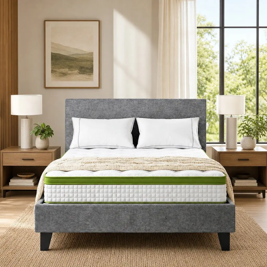Single Bed Frame with 30cm Hybrid Mattress Grey Upholstered