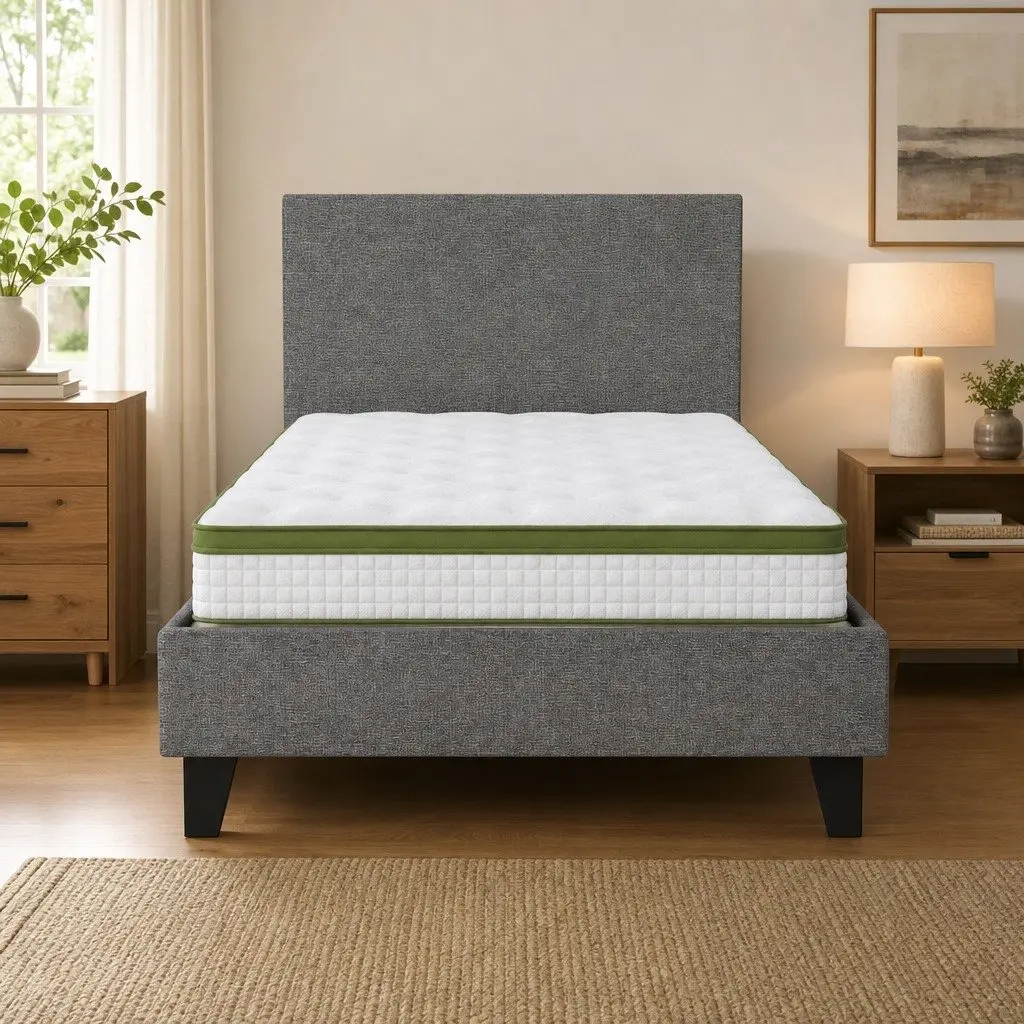 Single Bed Frame with 30cm Hybrid Mattress Grey Upholstered