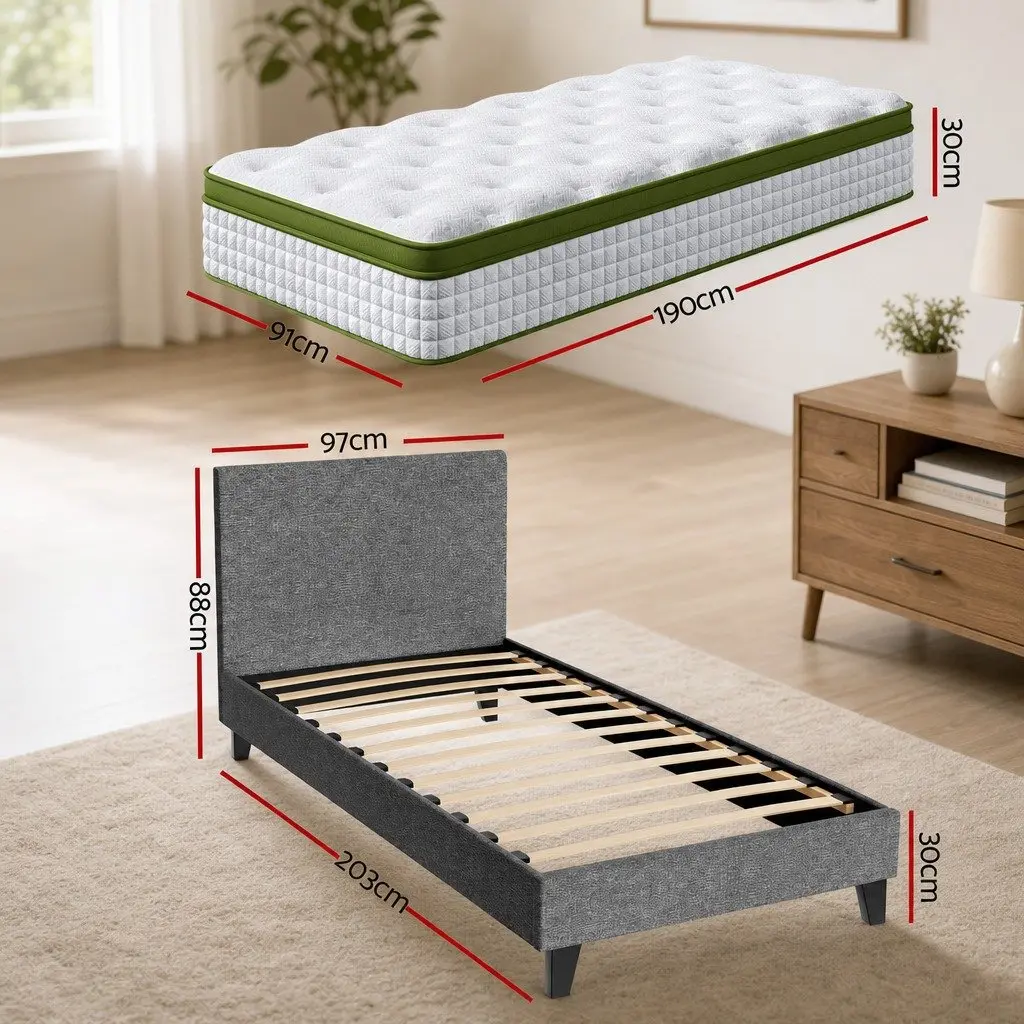 Single Bed Frame with 30cm Hybrid Mattress Grey Upholstered