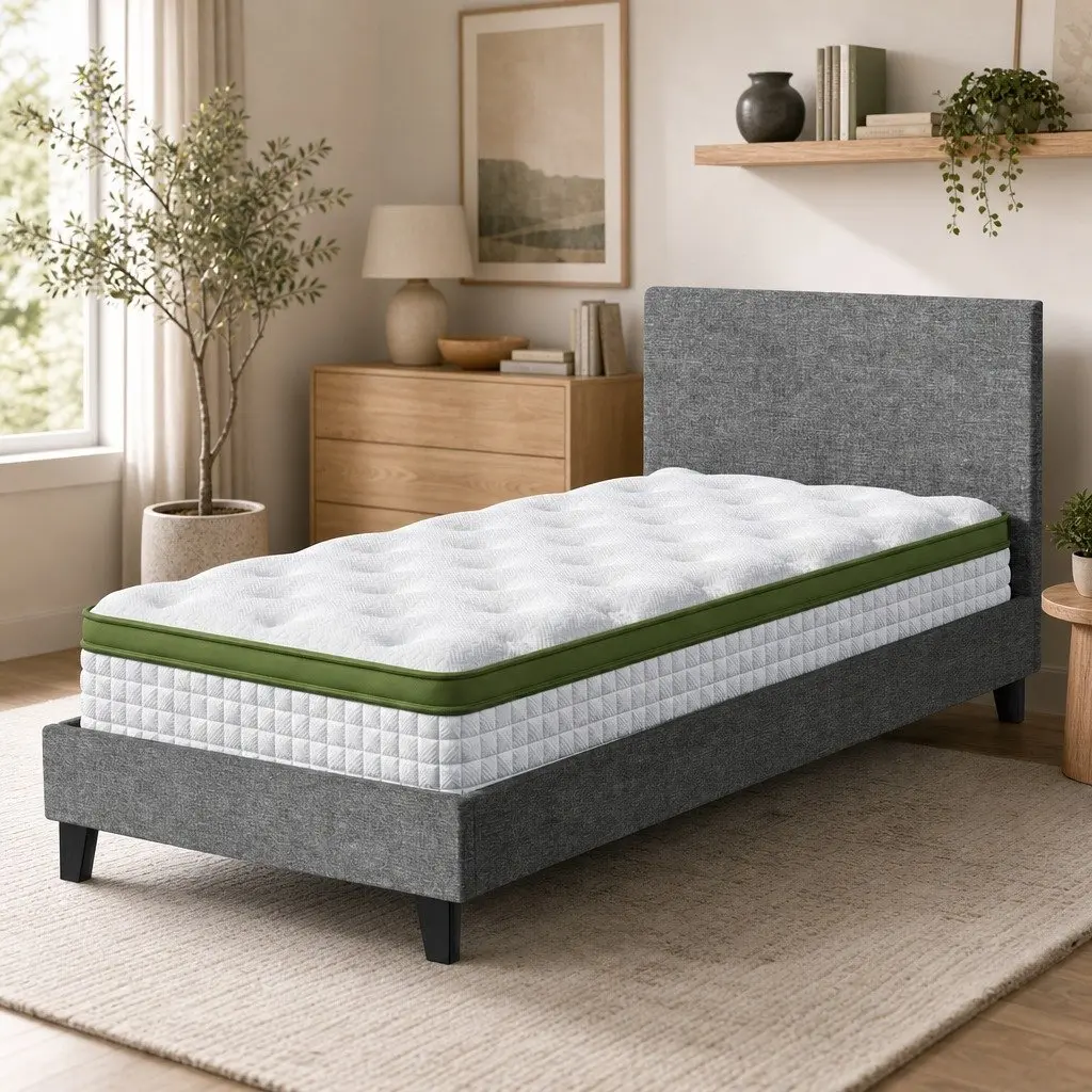 Single Bed Frame with 30cm Hybrid Mattress Grey Upholstered