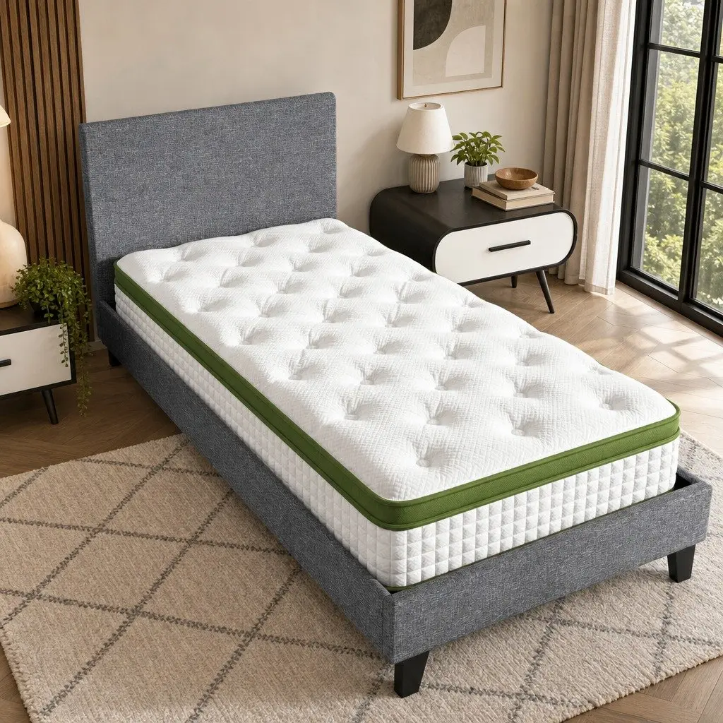 Single Bed Frame with 30cm Hybrid Mattress Grey Upholstered