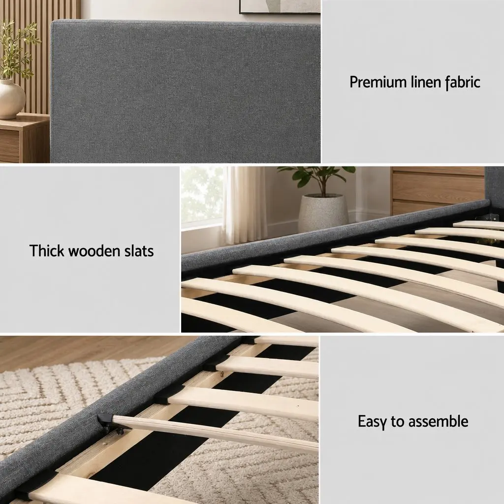 Single Bed Frame with 30cm Hybrid Mattress Grey Upholstered