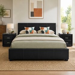 Queen Bed Frame with Gas Lift Storage and 2 Bedside Tables Black Bedroom Set
