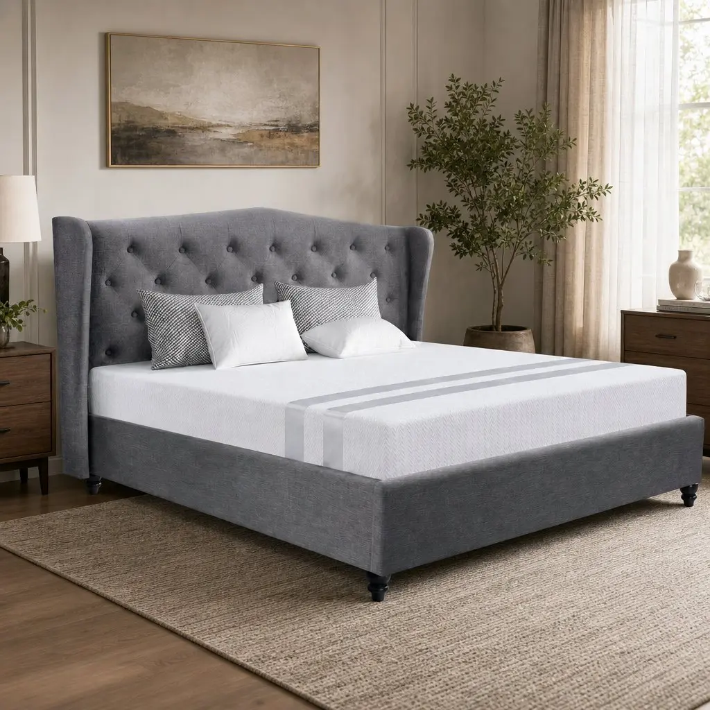 Double Bed Frame and Memory Foam Mattress Set Wing Headboard Tufted Grey Medium