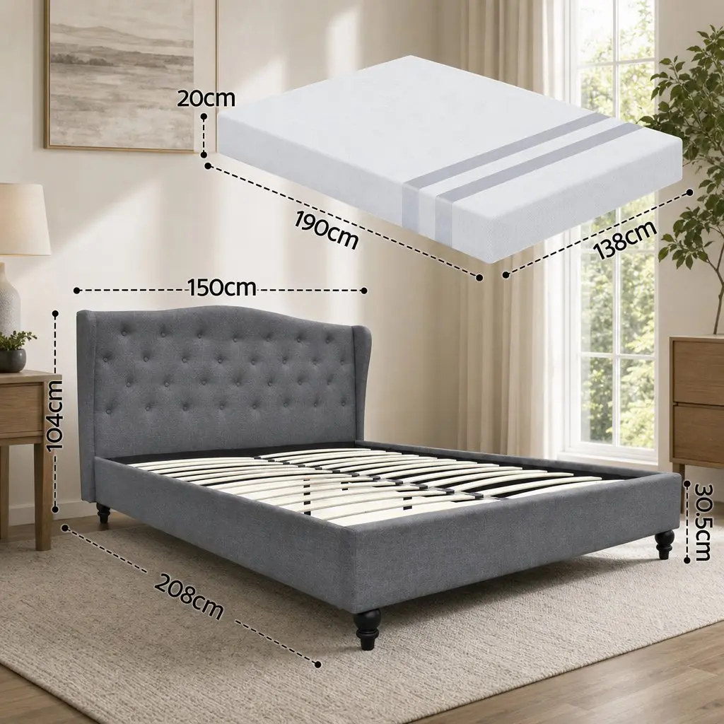 Double Bed Frame and Memory Foam Mattress Set Wing Headboard Tufted Grey Medium