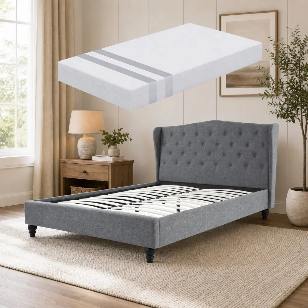 Double Bed Frame and Memory Foam Mattress Set Wing Headboard Tufted Grey Medium