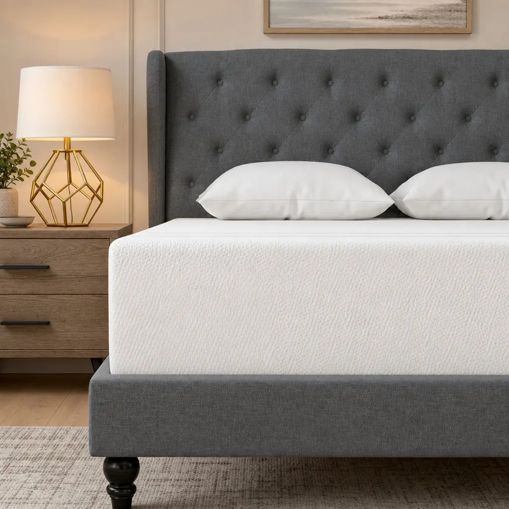 Double Bed Frame and Memory Foam Mattress Set Wing Headboard Tufted Grey Medium