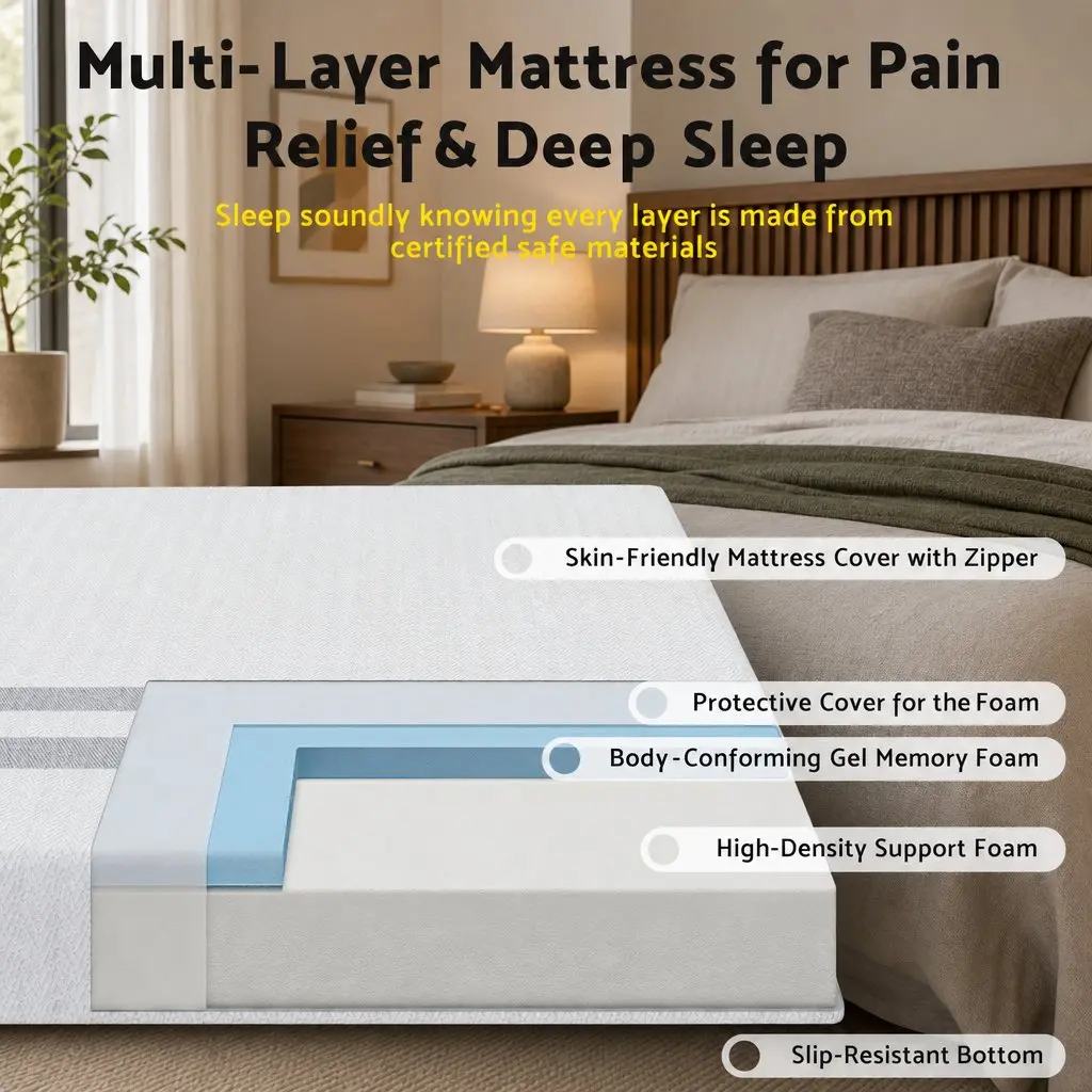 Double Bed Frame and Memory Foam Mattress Set Wing Headboard Tufted Grey Medium