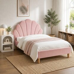 King Single Bed Frame with Scallop Headboard and Matching Bedside Table Storage