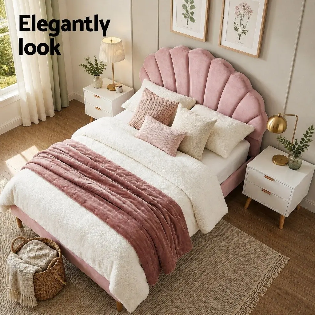 Double Bed Frame Scallop Headboard Pink Velvet with 2 Drawer Bedside Table Set