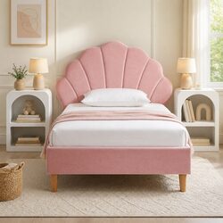 King Single Bed Frame with Scallop Headboard Pink Velvet 2 Bedside Tables