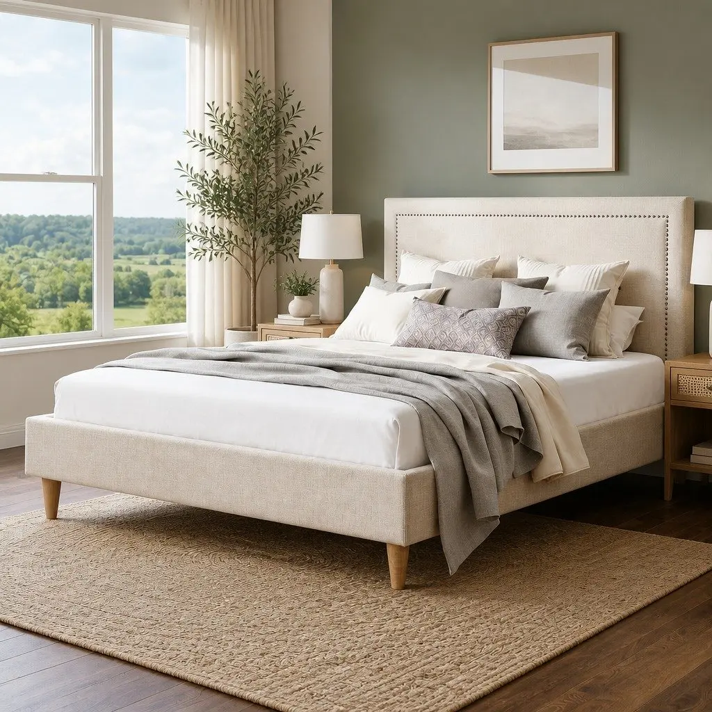 Queen Bed Frame Platform Upholstered Headboard Linen Fabric Beige