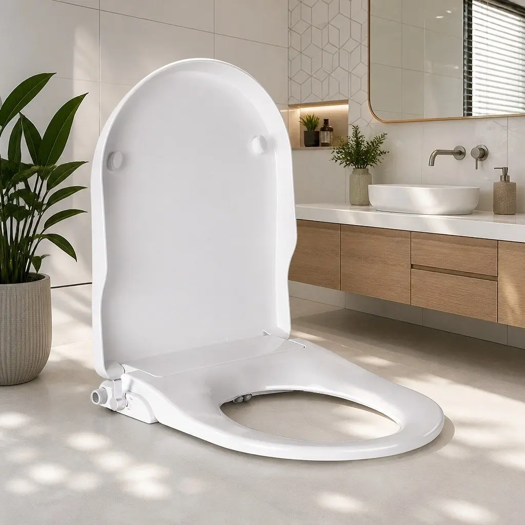 Non Electric Bidet Toilet Seat Cover Automatic Water Wash Dry Self Cleaning 49cm L x 36cm W White PP5 Plastic