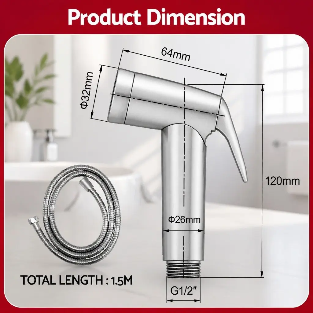 Handheld Bidet Sprayer Toilet Attachment 1.5m Stainless Steel Hose Silver
