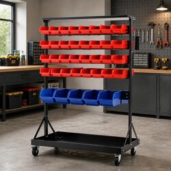 74 Bin Storage Rack Double Sided Mobile Workshop Garage Organizer 5 Tier Steel