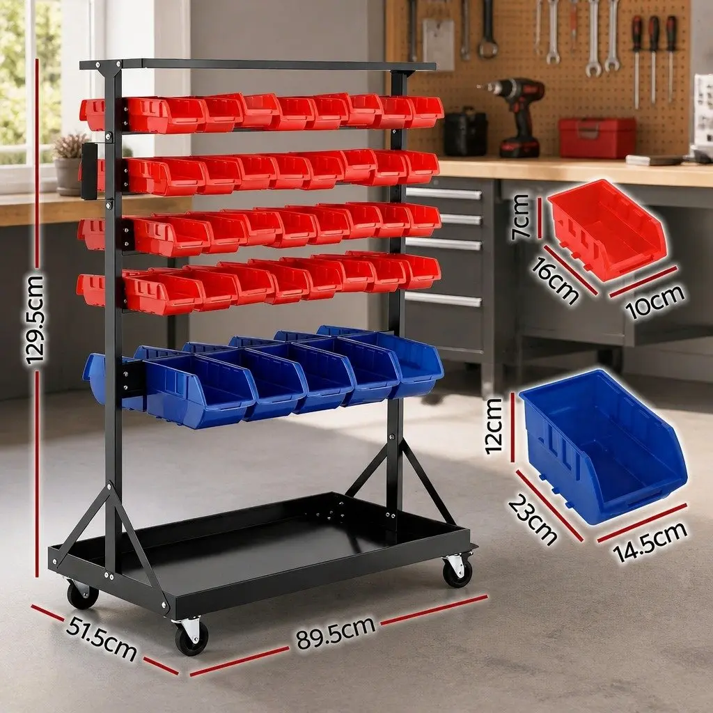 Storage Rack Double Sided 5 Tier Steel with 74 Removable Bins Mobile Organizer Red or Blue