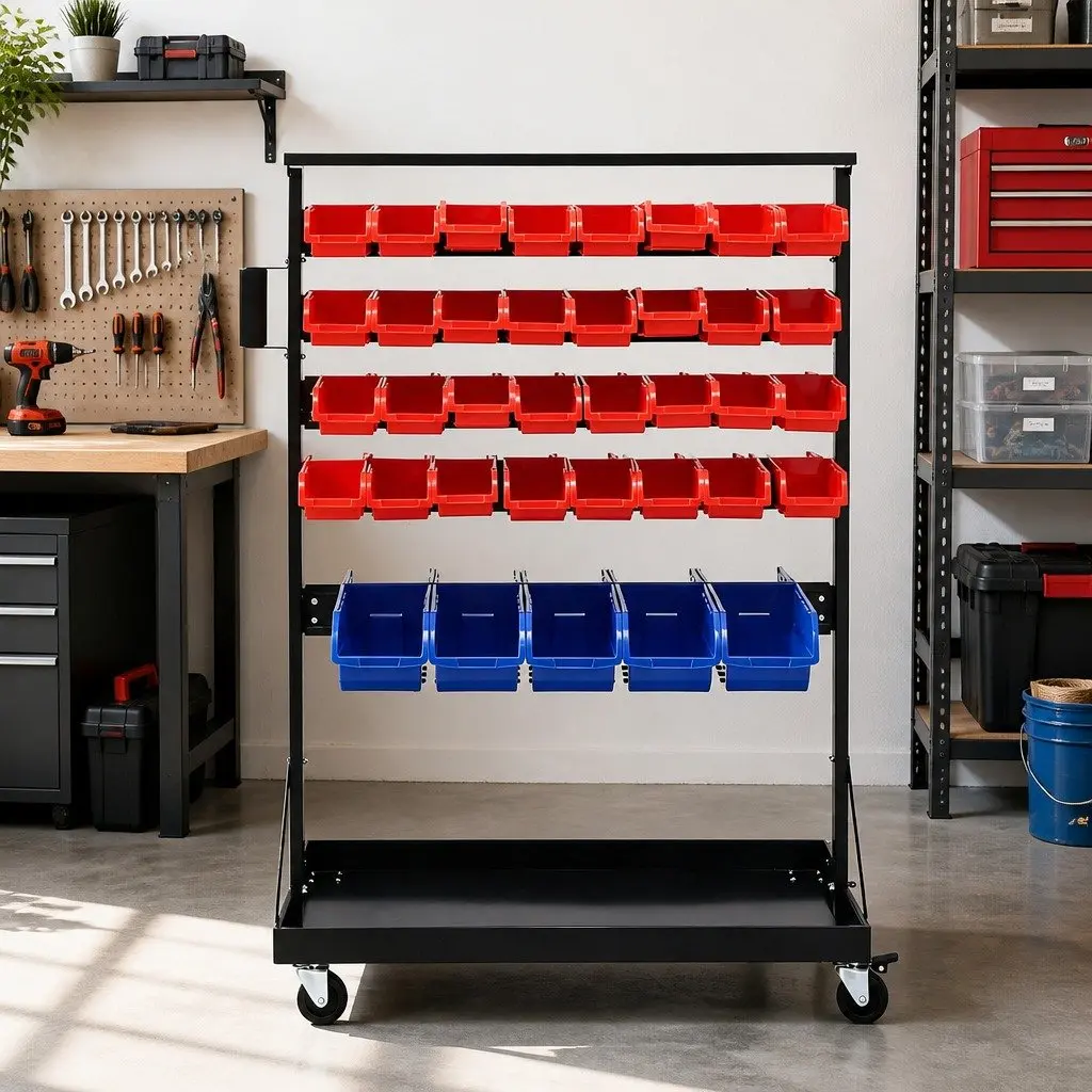 Storage Rack Double Sided 5 Tier Steel with 74 Removable Bins Mobile Organizer Red or Blue