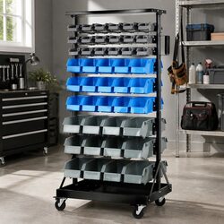 90-Bin Storage Rack Stand Double-Sided 9-Tier Steel Frame Wheels Organiser