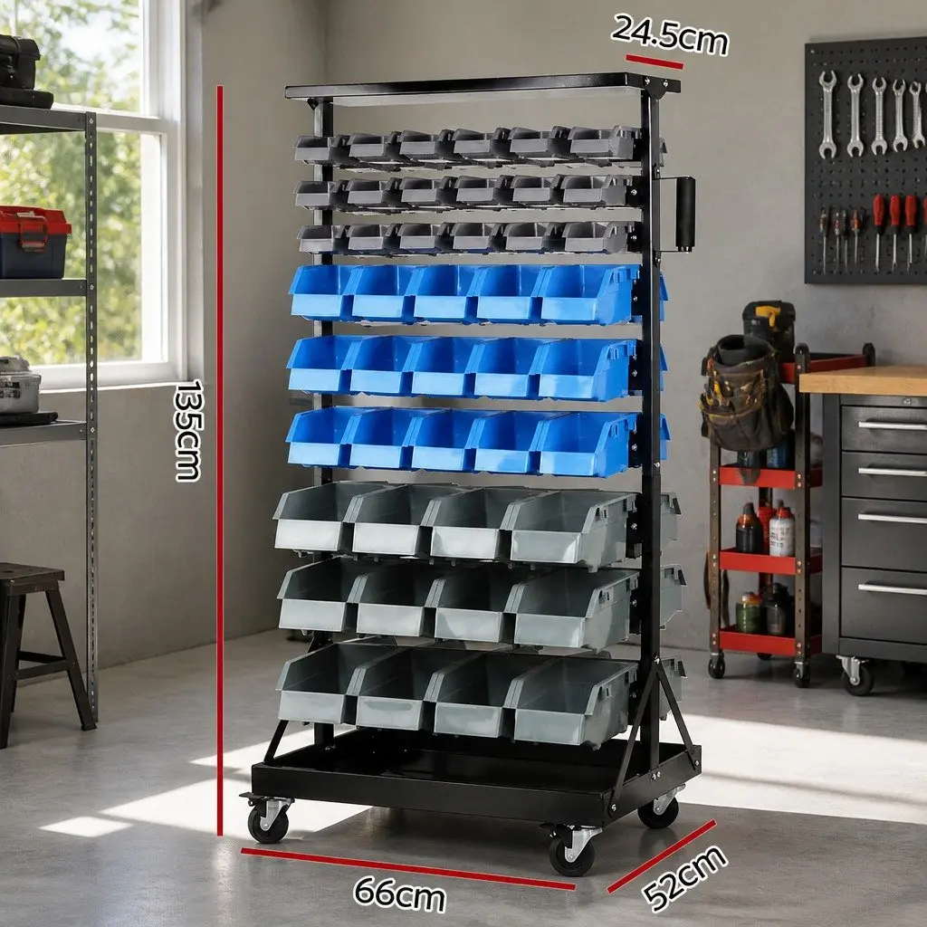 90 Bin Storage Rack Stand Double-Sided Organiser 9-Tier Steel Frame Black Blue