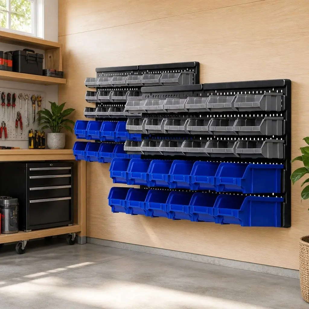 Wall Storage Rack 60 Bin Organiser Heavy Duty Pegboard Customisable Blue Grey
