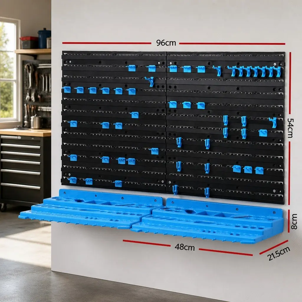 Wall Mounted Tool Storage Rack Organiser 4 Shelves Blue Black
