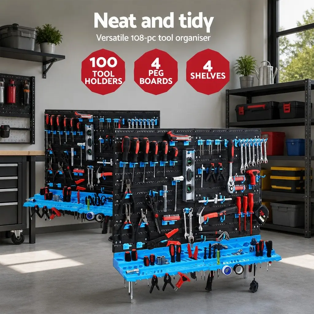 Wall Mounted Tool Storage Rack Organiser 4 Shelves Blue Black